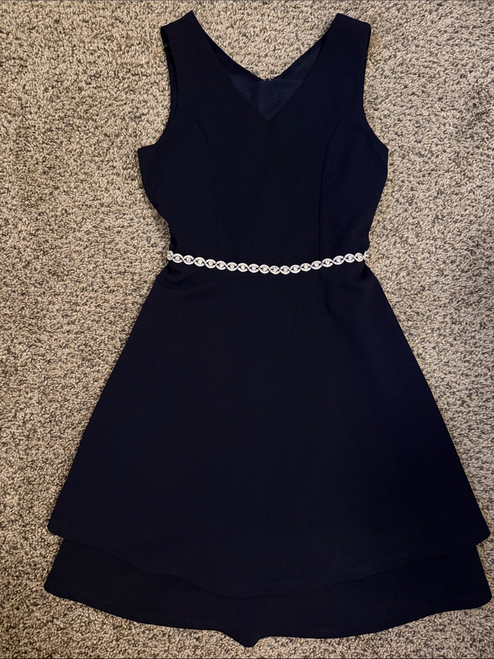 Youth Classic V-Neck Navy blue A-Line Dress with Decorative Waist